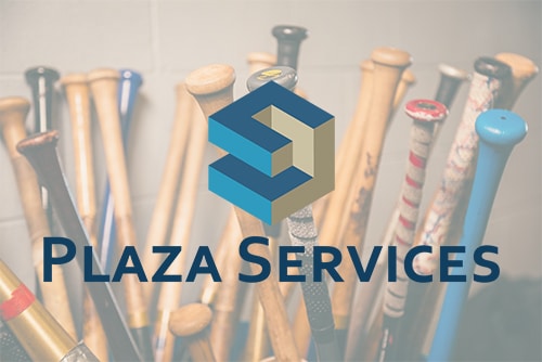 collection of baseball bats with Plaza Services’ logo layered over the image