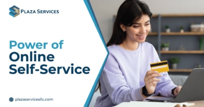 Image showing the text The Power of Online Self-Service in Collections with Plaza Services LLC logo and several icons for different self-service options.