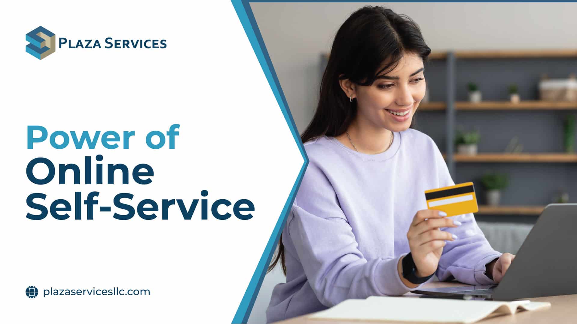 Image showing the text The Power of Online Self-Service in Collections with Plaza Services LLC logo and several icons for different self-service options.